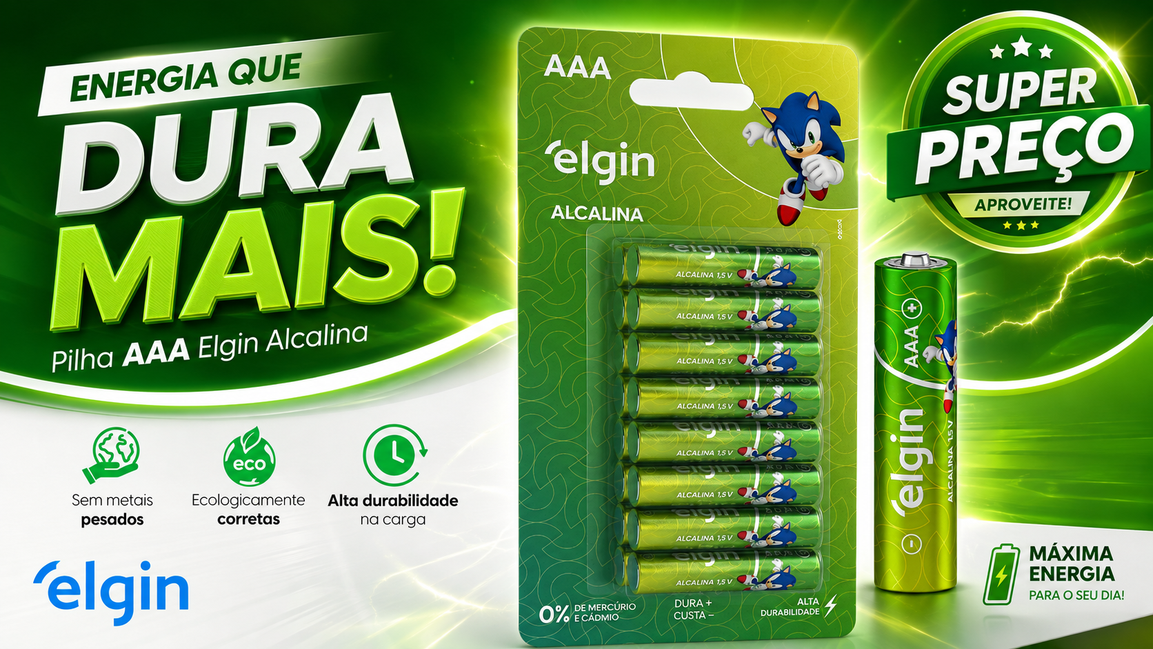 Pilha Alcalina AAA com 16 unidades Elgin Palito