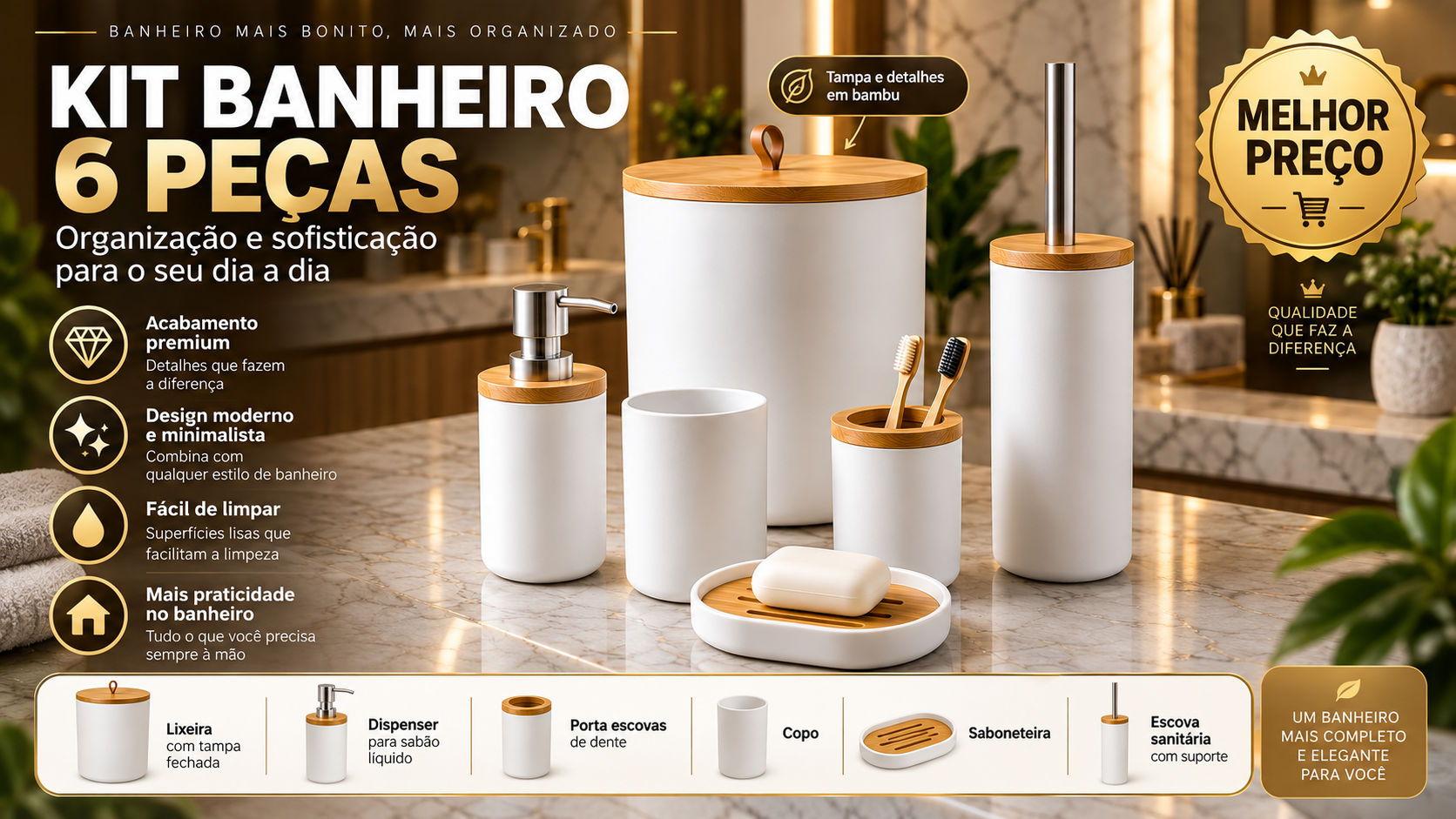 Kit Banheiro 6 Peças com Detalhes em Bambu – Organização, Elegância e Praticidade
